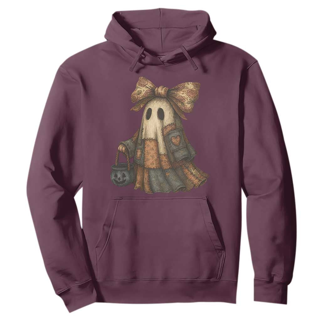 Halloween Vintage Denim Patchwork Spooky Ghost Coquette Hoodie TS11 Maroon Print Your Wear