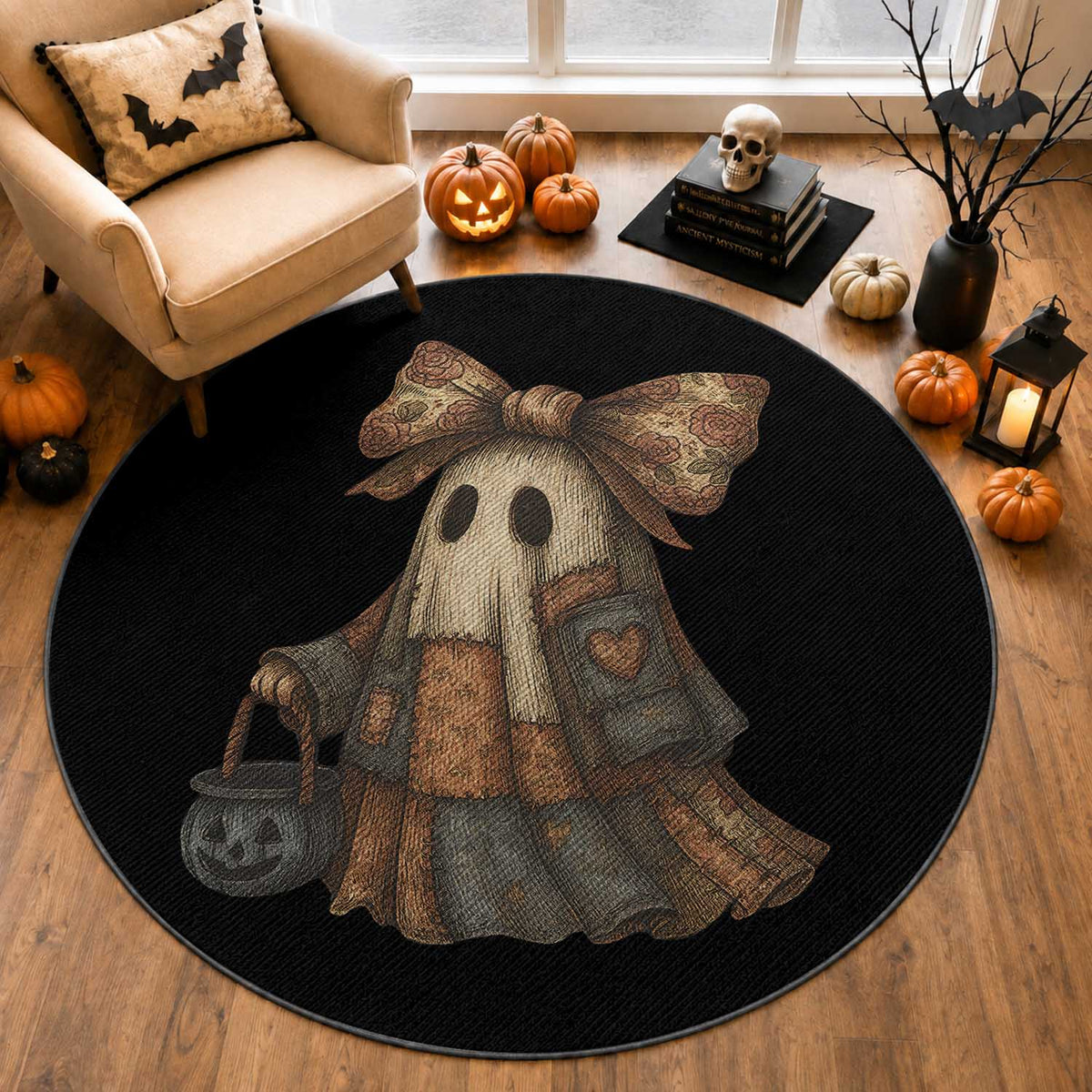 Halloween Vintage Denim Patchwork Spooky Ghost Coquette Round Rug
