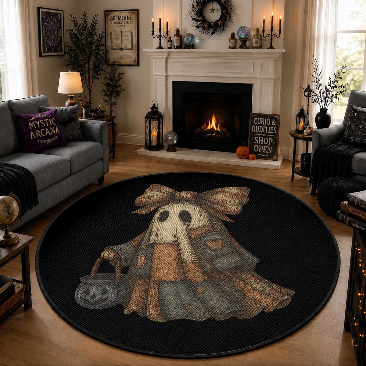 Halloween Vintage Denim Patchwork Spooky Ghost Coquette Round Rug