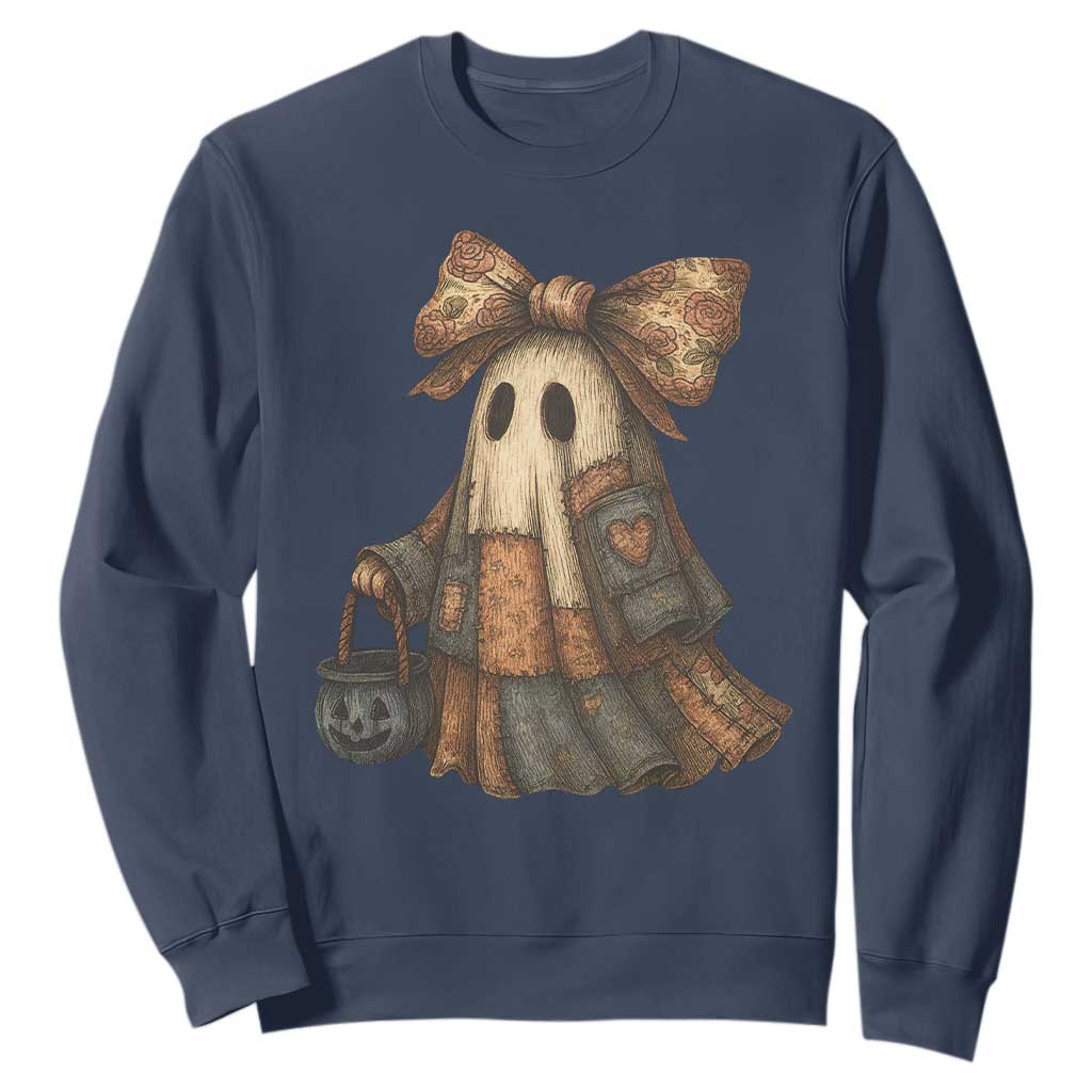 Halloween Vintage Denim Patchwork Spooky Ghost Coquette Sweatshirt TS11 Navy Print Your Wear