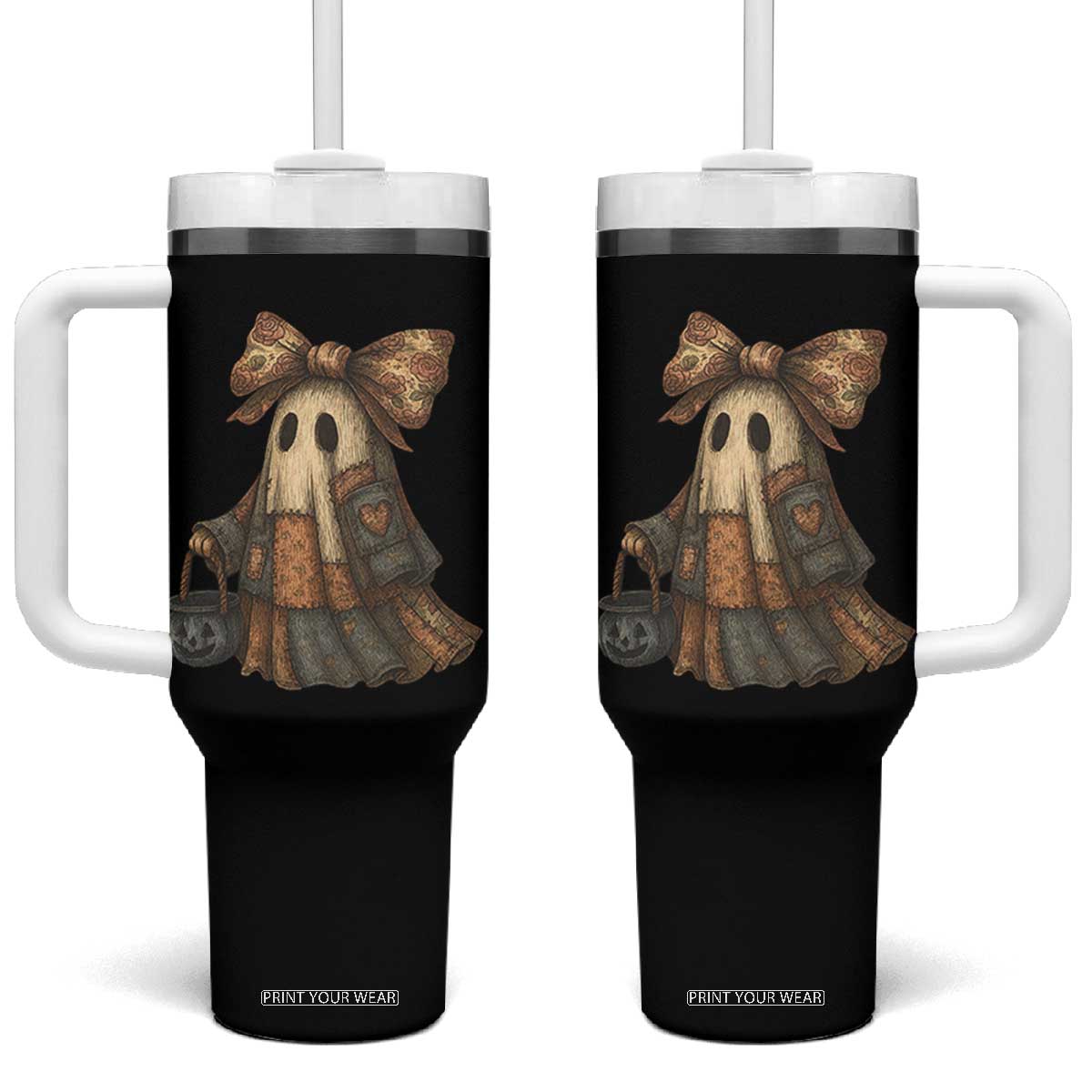 Halloween Vintage Denim Patchwork Spooky Ghost Coquette Tumbler With Handle TS11 One Size: 40 oz Black Print Your Wear