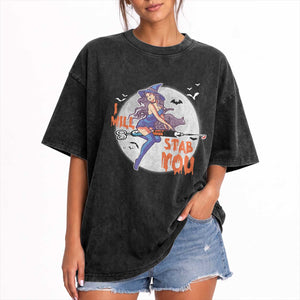 Funny Halloween Nurse Washed Cotton T-Shirt I Will Stab You Witch Nursing