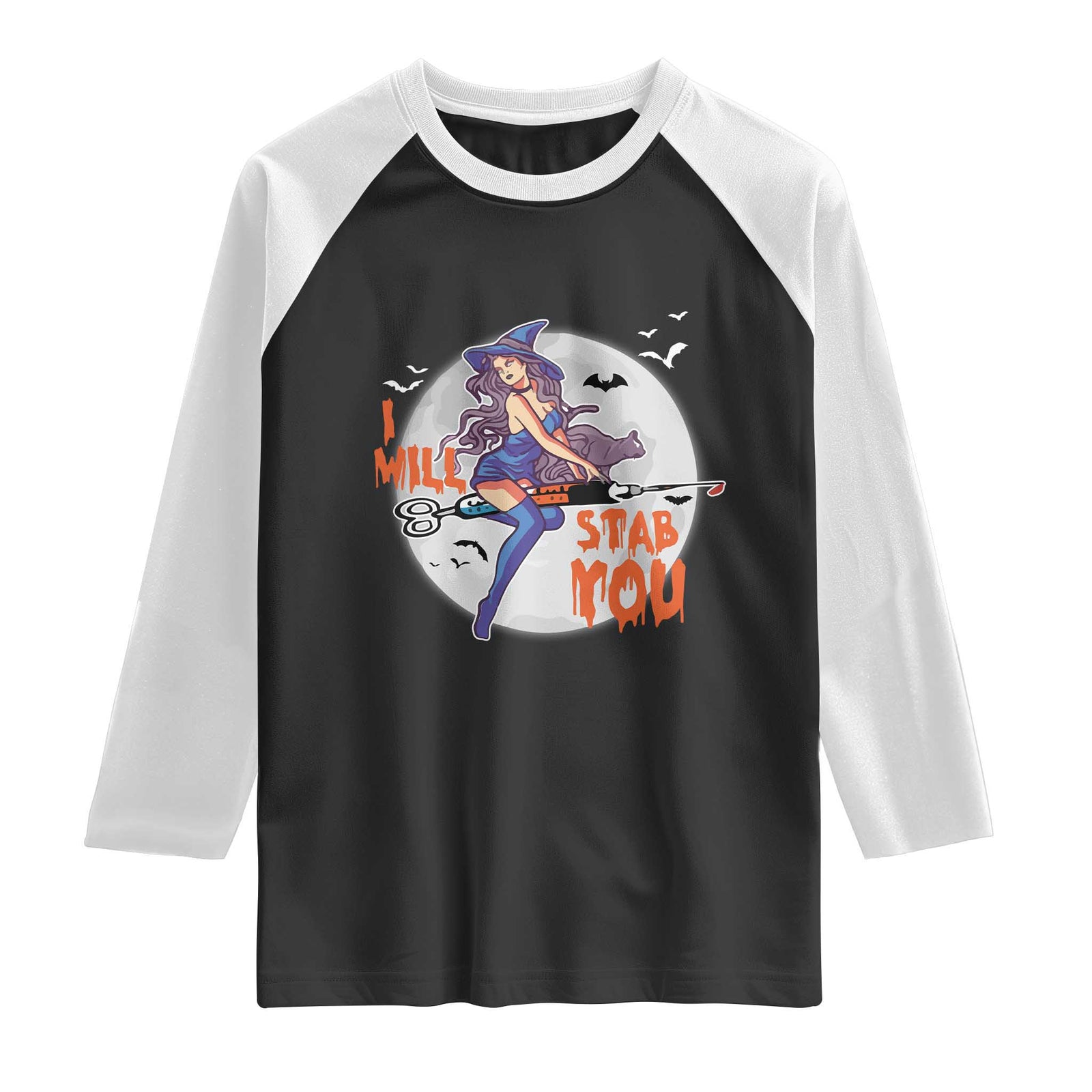 Funny Halloween Nurse Raglan Shirt I Will Stab You Witch Nursing