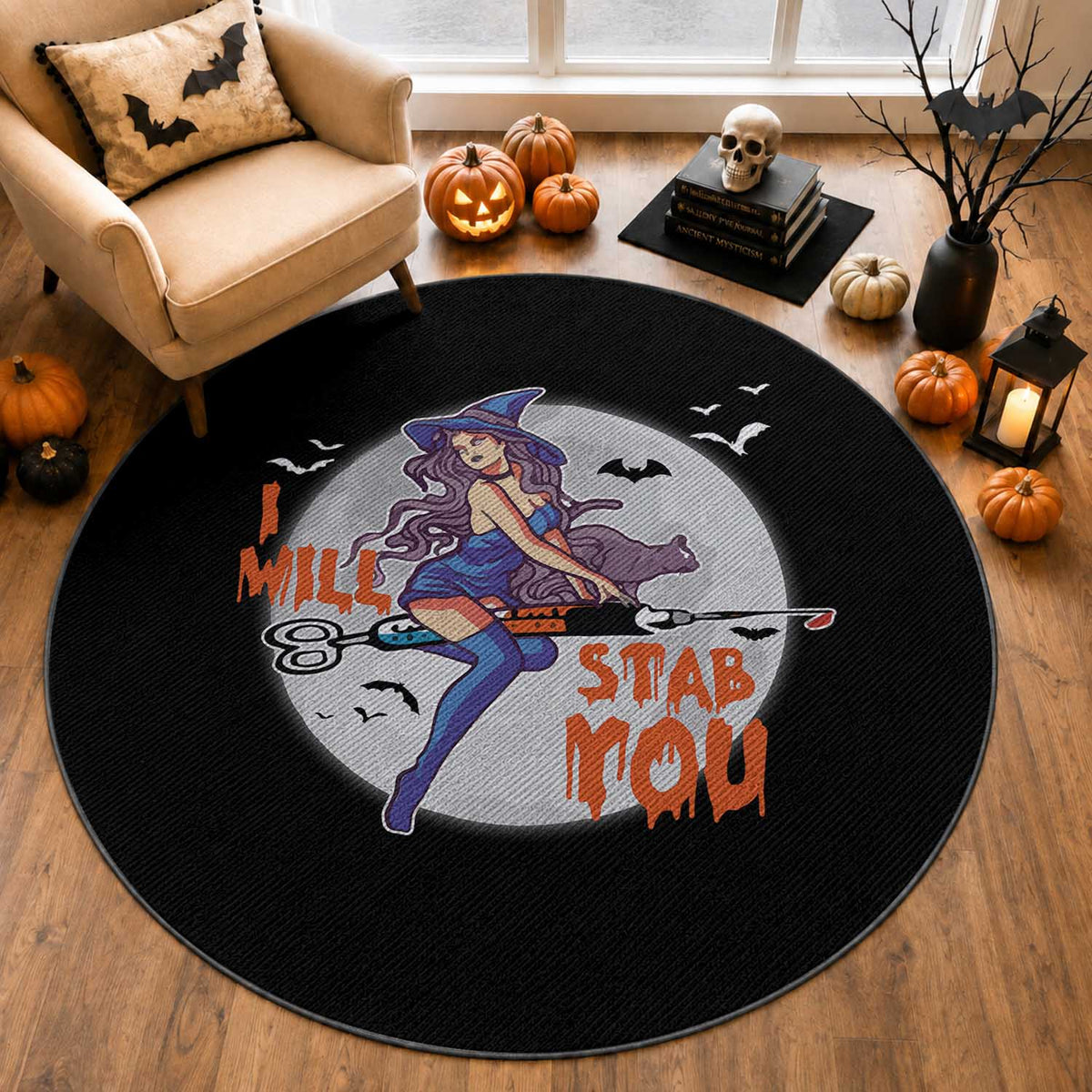 Funny Halloween Nurse Round Rug I Will Stab You Witch Nursing