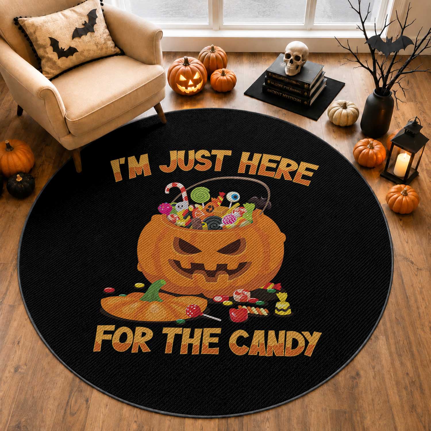 Funny Halloween Round Rug I'm Just here For The Candy Pumpkin Candy Trick Or Treat