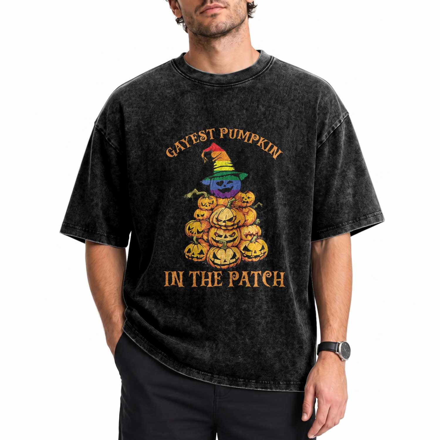 Funny Halloween LGBT Washed Cotton T-Shirt Gayest Pumpkin In The Patch Rainbow Flag