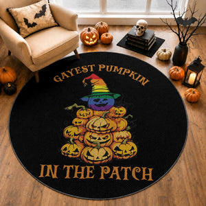 Funny Halloween LGBT Round Rug Gayest Pumpkin In The Patch Rainbow Flag