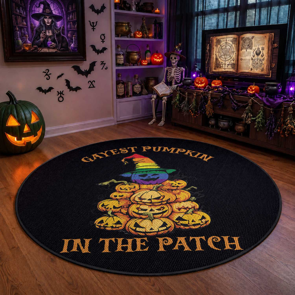 Funny Halloween LGBT Round Rug Gayest Pumpkin In The Patch Rainbow Flag