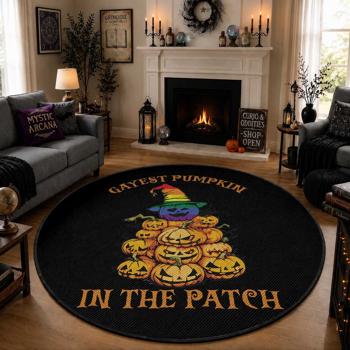 Funny Halloween LGBT Round Rug Gayest Pumpkin In The Patch Rainbow Flag