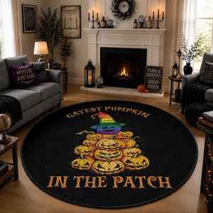 Funny Halloween LGBT Round Rug Gayest Pumpkin In The Patch Rainbow Flag
