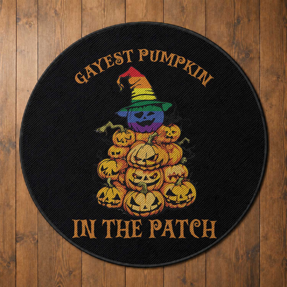 Funny Halloween LGBT Round Rug Gayest Pumpkin In The Patch Rainbow Flag