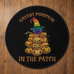 Funny Halloween LGBT Round Rug Gayest Pumpkin In The Patch Rainbow Flag