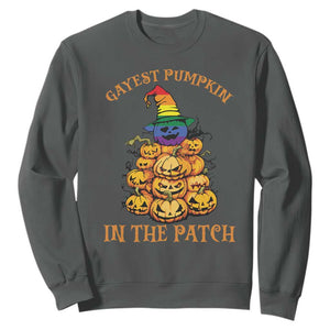 Funny Halloween LGBT Sweatshirt Gayest Pumpkin In The Patch Rainbow Flag TS11 Dark Heather Print Your Wear