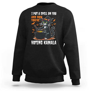 Funny Harris Halloween Sweatshirt I Put A Spell On You And Now You're Voting Kamala Black Cat Witch TS11 Black Print Your Wear