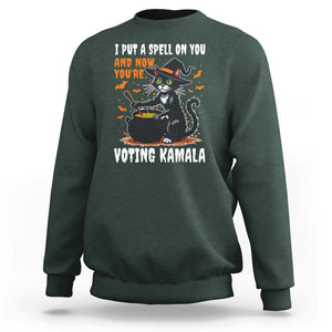 Funny Harris Halloween Sweatshirt I Put A Spell On You And Now You're Voting Kamala Black Cat Witch TS11 Dark Forest Green Print Your Wear