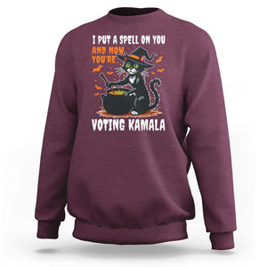 Funny Harris Halloween Sweatshirt I Put A Spell On You And Now You're Voting Kamala Black Cat Witch TS11 Maroon Print Your Wear