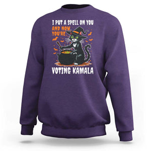 Funny Harris Halloween Sweatshirt I Put A Spell On You And Now You're Voting Kamala Black Cat Witch TS11 Purple Print Your Wear