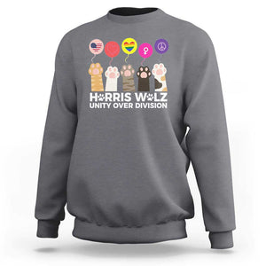 Funny Harris Walz Supporter Sweatshirt Unity Over Division Cat Paw American Flag Human Rights Feminism Equal Rights TS11 Charcoal Print Your Wear