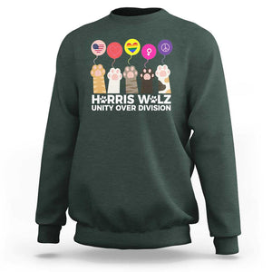 Funny Harris Walz Supporter Sweatshirt Unity Over Division Cat Paw American Flag Human Rights Feminism Equal Rights TS11 Dark Forest Green Print Your Wear