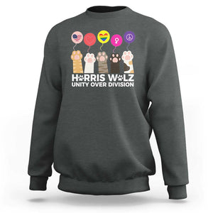 Funny Harris Walz Supporter Sweatshirt Unity Over Division Cat Paw American Flag Human Rights Feminism Equal Rights TS11 Dark Heather Print Your Wear