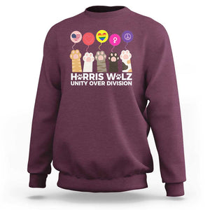 Funny Harris Walz Supporter Sweatshirt Unity Over Division Cat Paw American Flag Human Rights Feminism Equal Rights TS11 Maroon Print Your Wear