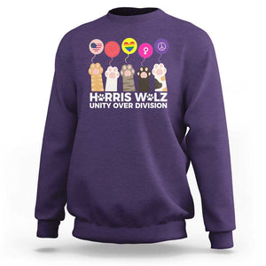 Funny Harris Walz Supporter Sweatshirt Unity Over Division Cat Paw American Flag Human Rights Feminism Equal Rights TS11 Purple Print Your Wear