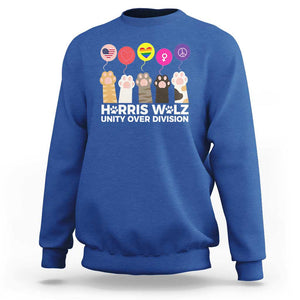 Funny Harris Walz Supporter Sweatshirt Unity Over Division Cat Paw American Flag Human Rights Feminism Equal Rights TS11 Royal Blue Print Your Wear