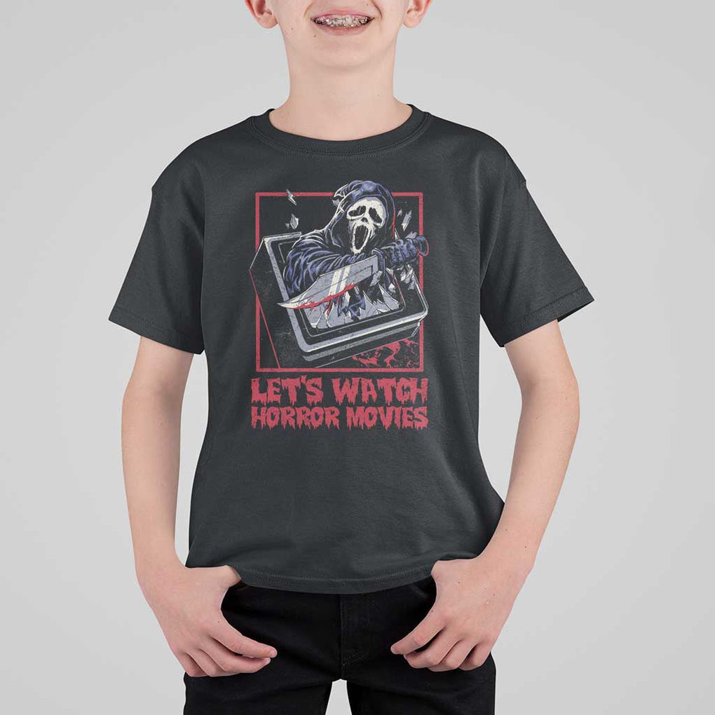 Funny Halloween T Shirt For Kid Let's Watch Horror Movies Ghost Broken Televison Knife TS11 Black Print Your Wear