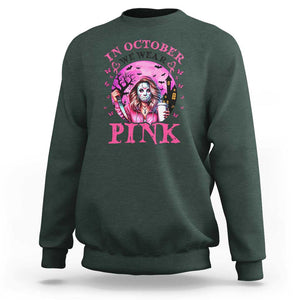 Breast Cancer Awareness Sweatshirt In October We Wear Pink Halloween Butterfly Bat Murderer TS11 Dark Forest Green Print Your Wear