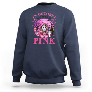 Breast Cancer Awareness Sweatshirt In October We Wear Pink Halloween Butterfly Bat Murderer TS11 Navy Print Your Wear