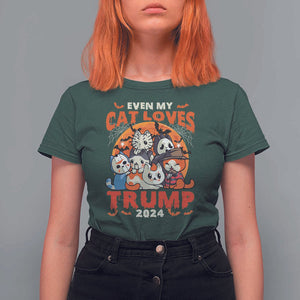 Funny Trump Halloween T Shirt For Women Even My Cat Loves Trump 2024 Bat Moon Murderer TS11 Dark Forest Green Print Your Wear