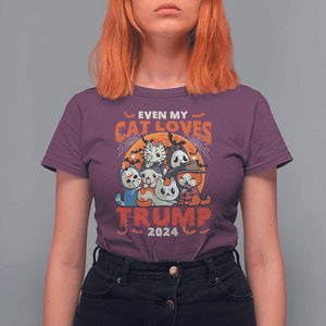 Funny Trump Halloween T Shirt For Women Even My Cat Loves Trump 2024 Bat Moon Murderer TS11 Maroon Print Your Wear