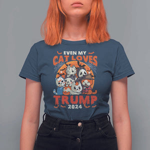 Funny Trump Halloween T Shirt For Women Even My Cat Loves Trump 2024 Bat Moon Murderer TS11 Navy Print Your Wear