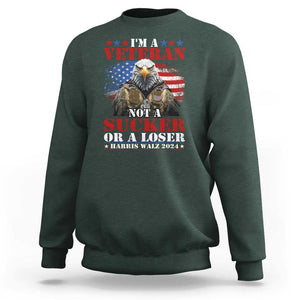 Harris Walz 2024 Sweatshirt I'm A Veteran Not A Sucker Or A Loser Eagle American Flag TS11 Dark Forest Green Print Your Wear