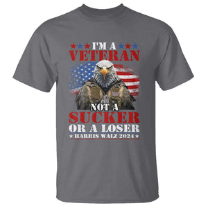 Harris Walz 2024 T Shirt I'm A Veteran Not A Sucker Or A Loser Eagle American Flag TS11 Charcoal Print Your Wear