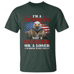 Harris Walz 2024 T Shirt I'm A Veteran Not A Sucker Or A Loser Eagle American Flag TS11 Dark Forest Green Print Your Wear