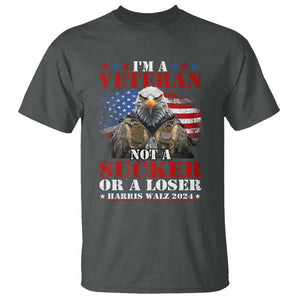 Harris Walz 2024 T Shirt I'm A Veteran Not A Sucker Or A Loser Eagle American Flag TS11 Dark Heather Print Your Wear