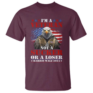 Harris Walz 2024 T Shirt I'm A Veteran Not A Sucker Or A Loser Eagle American Flag TS11 Maroon Print Your Wear