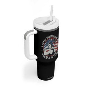 Never Underestimate A Women Who Is Also A Veteran Tumbler With Handle Female Veteran TS11 Print Your Wear