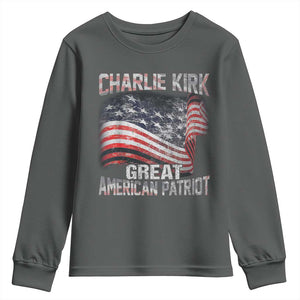 Charlie Kirk Youth Sweatshirt Great American Patriot American Flag TS11 Dark Heather Print Your Wear