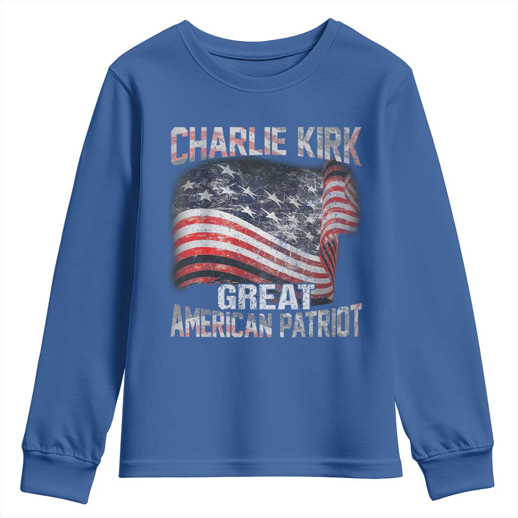 Charlie Kirk Youth Sweatshirt Great American Patriot American Flag TS11 Royal Blue Print Your Wear