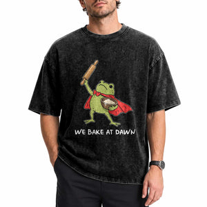 We Bake At Dawn Washed Cotton T-Shirt Funny Frog Baking Lover