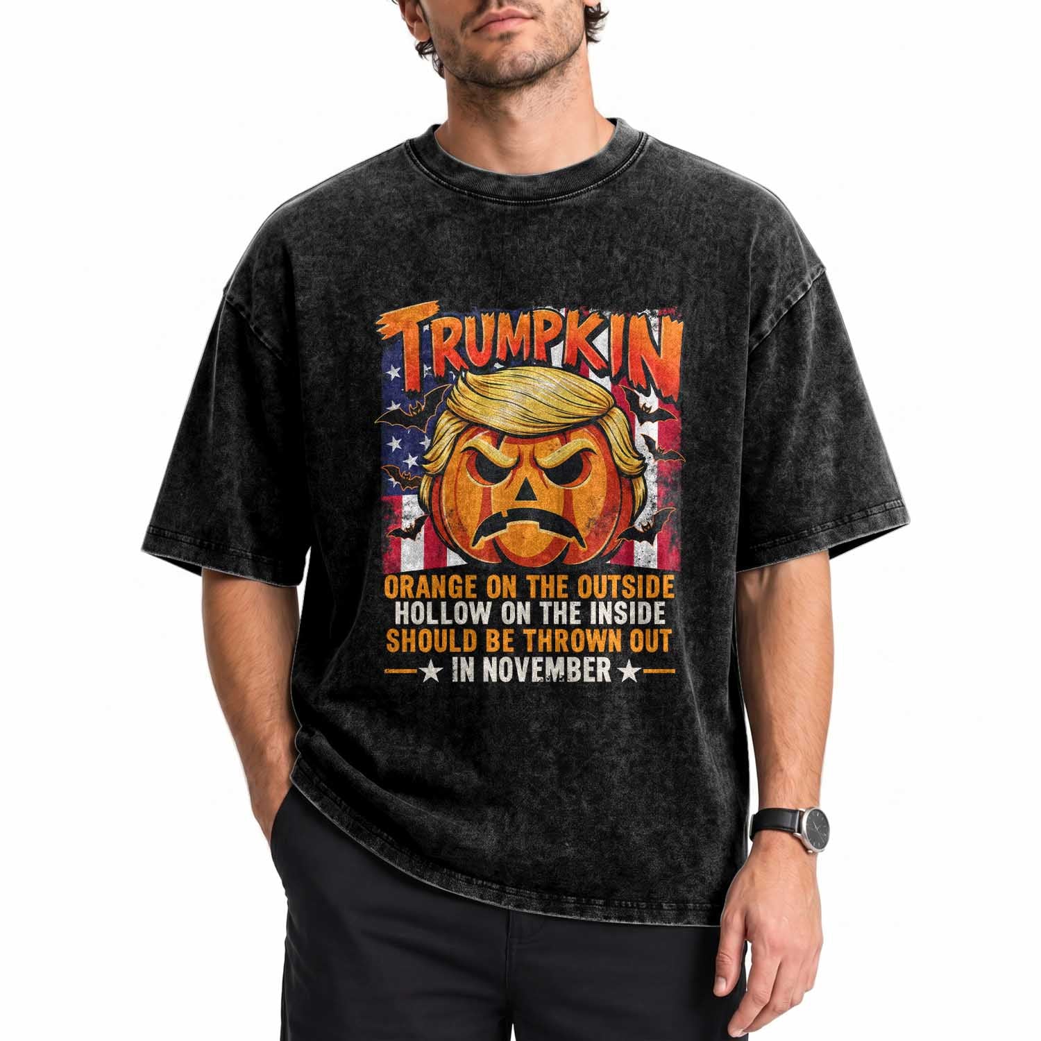 Trumpkin Halloween Washed Cotton T-Shirt Orange On The Outside Hollow Inside Should Be Thrown Out In November Anti Humor