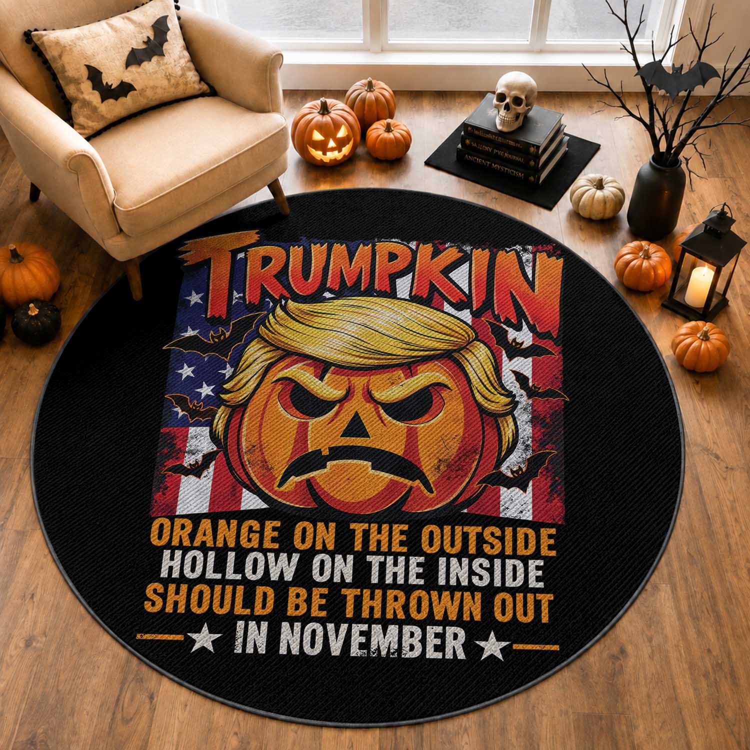 Trumpkin Halloween Round Rug Orange On The Outside Hollow Inside Should Be Thrown Out In November Anti Humor