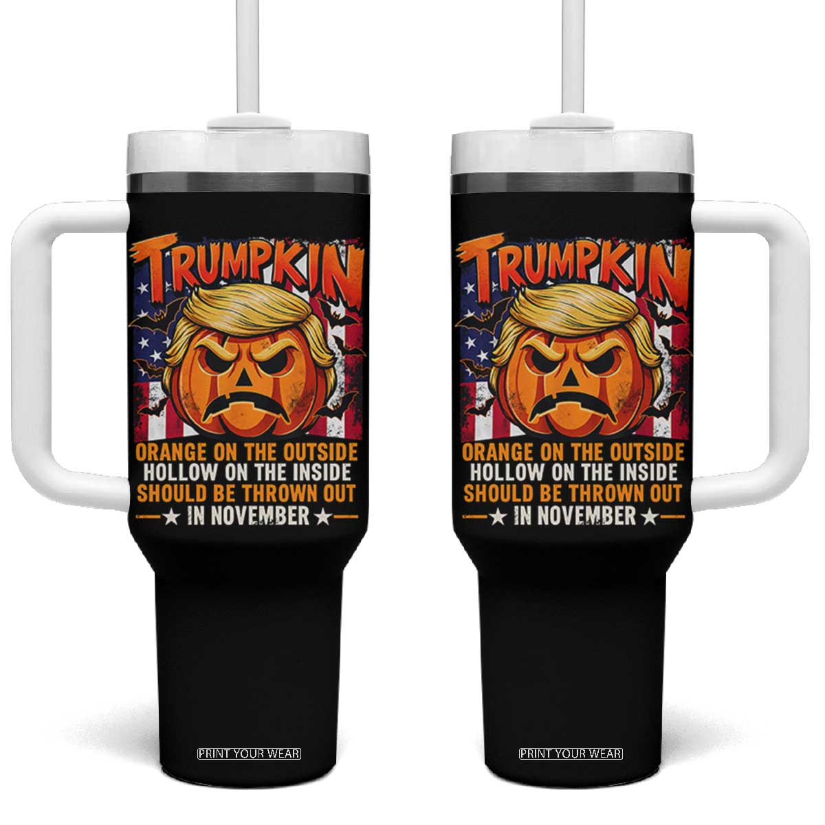 Trumpkin Halloween Tumbler With Handle Orange On The Outside Hollow Inside Should Be Thrown Out In November Anti Humor