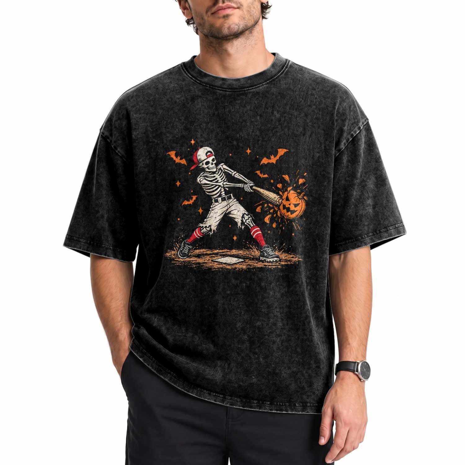 Halloween Skeleton Playing Baseball Washed Cotton T-Shirt Creep Spooky Sport Lover