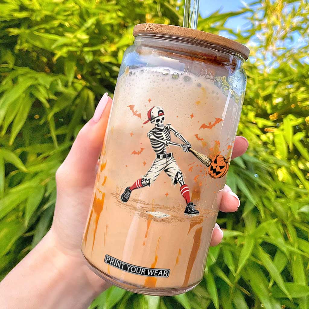 Halloween Skeleton Playing Baseball Glass Can Creep Spooky Sport Lover