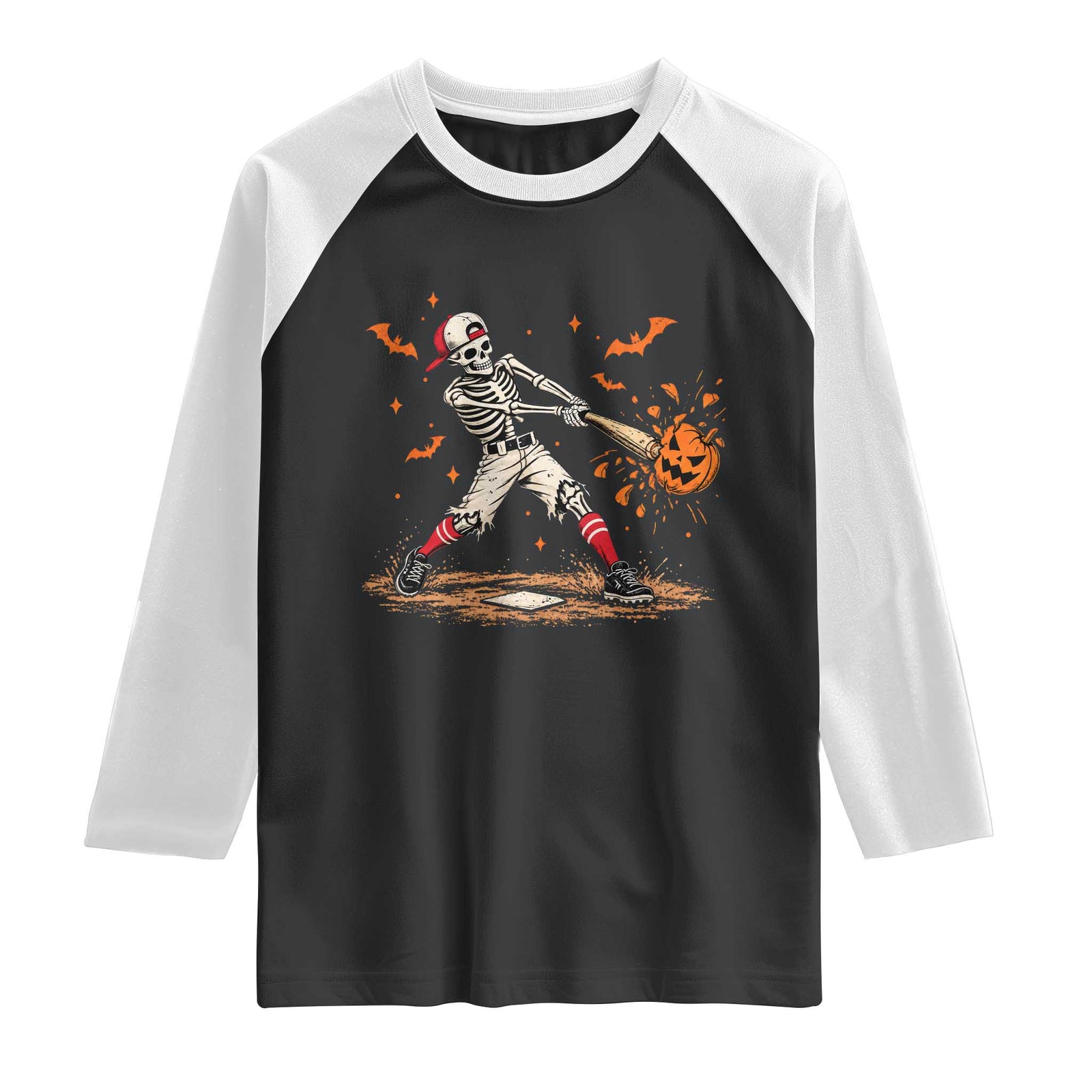 Halloween Skeleton Playing Baseball Raglan Shirt Creep Spooky Sport Lover