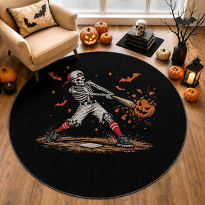 Halloween Skeleton Playing Baseball Round Rug Creep Spooky Sport Lover