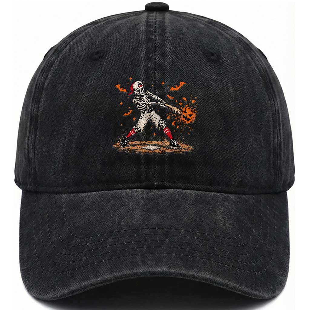 Halloween Skeleton Playing Baseball Washed Cotton Baseball Cap Creep Spooky Sport Lover